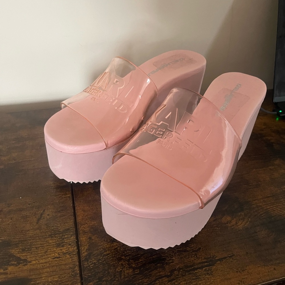Karl Lagerfeld Pink Plush Platform Slides
